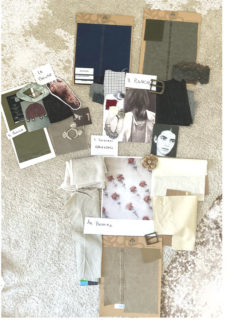 Material moodboard: fabric swatches, trims and references