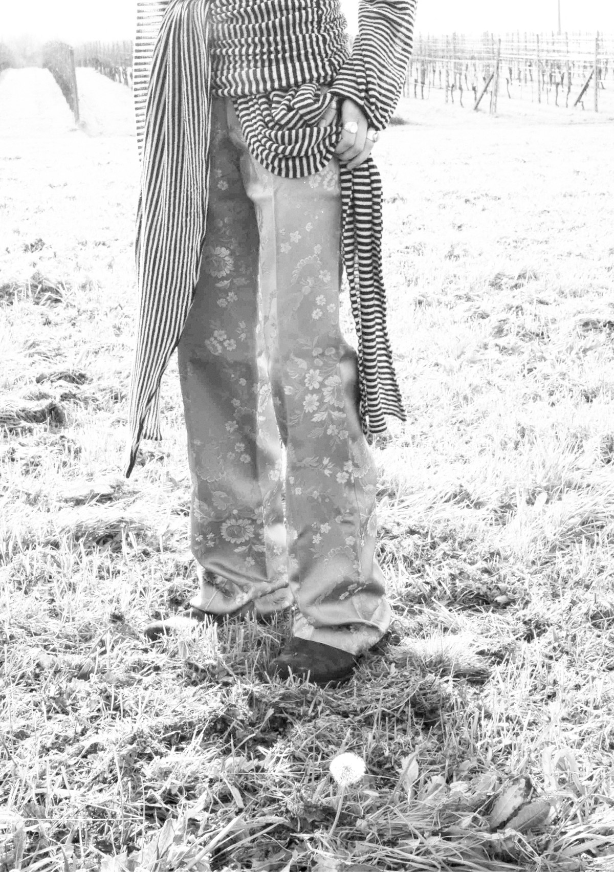 Brocaded satin trousers and striped sleeves, close up
