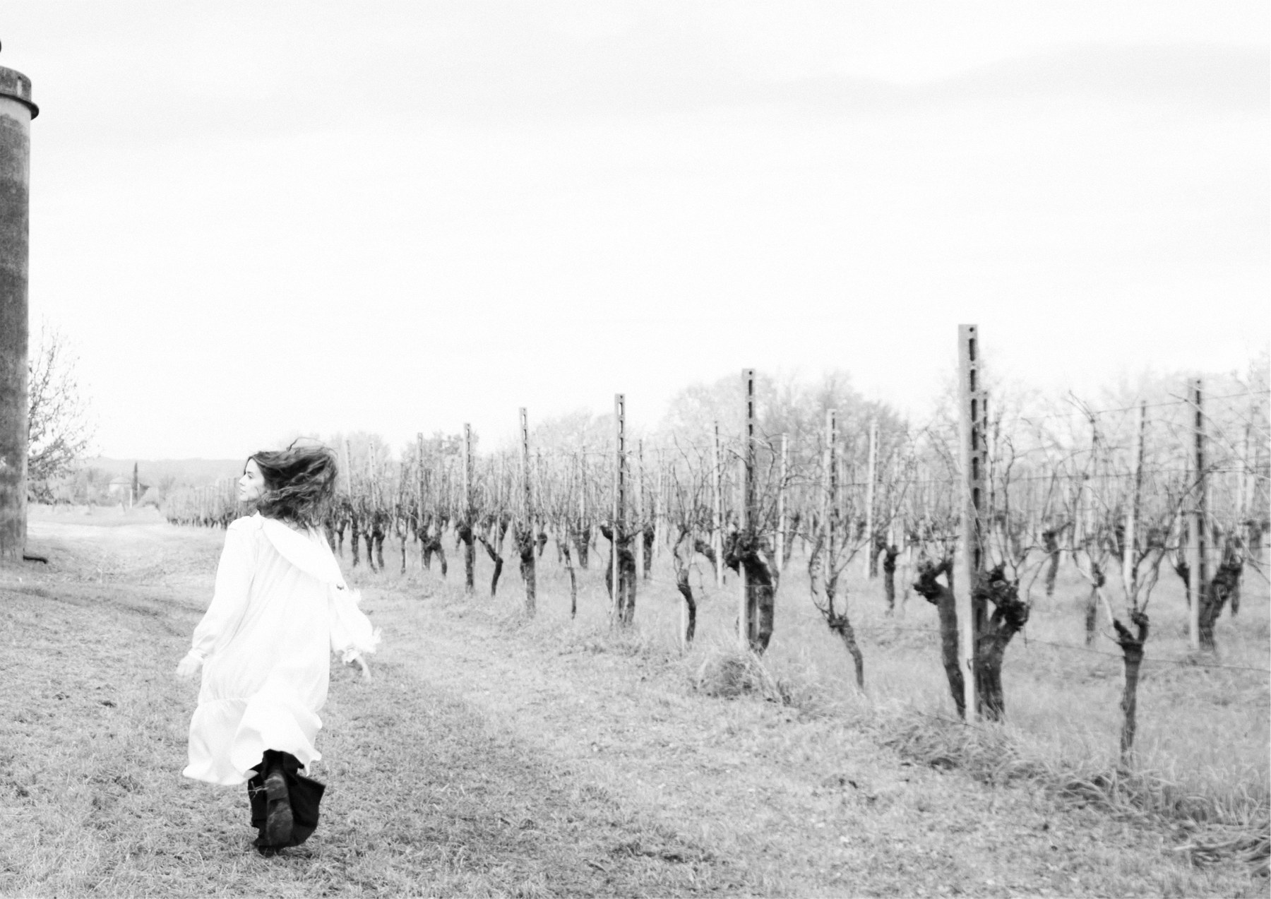 Walking away between the vines in white