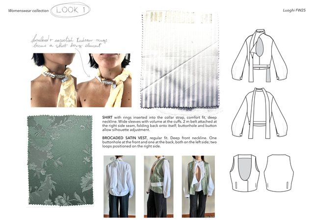 Luoghi project, Look 1, shirt and brocaded satin vest