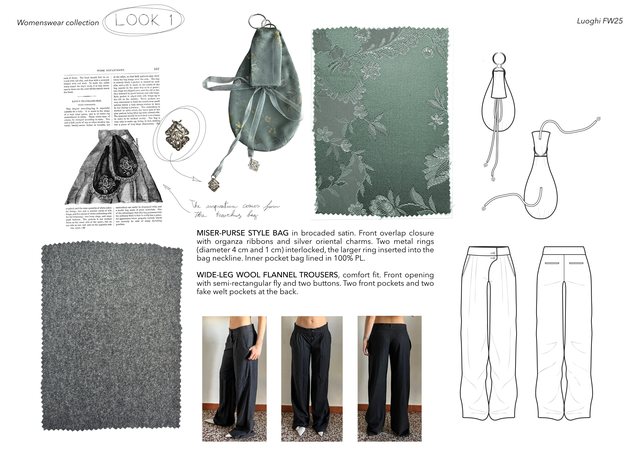 Luoghi project, Look 1, miser purse bag and flannel trousers