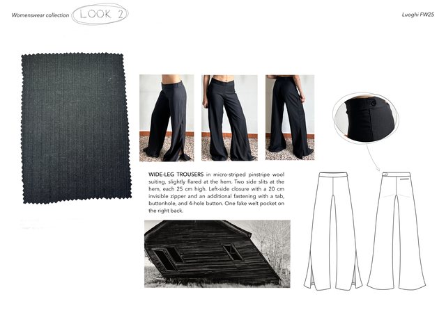 Luoghi project, Look 2, wide leg pinstripe trousers