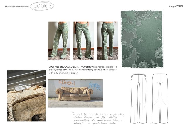 Luoghi project, Look 6, brocaded satin trousers