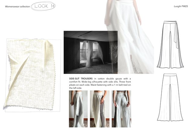 Luoghi project, Look 14, side slit trousers