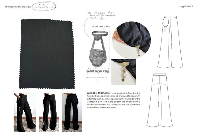 Luoghi project, Look 20, wool gabardine wide leg trousers